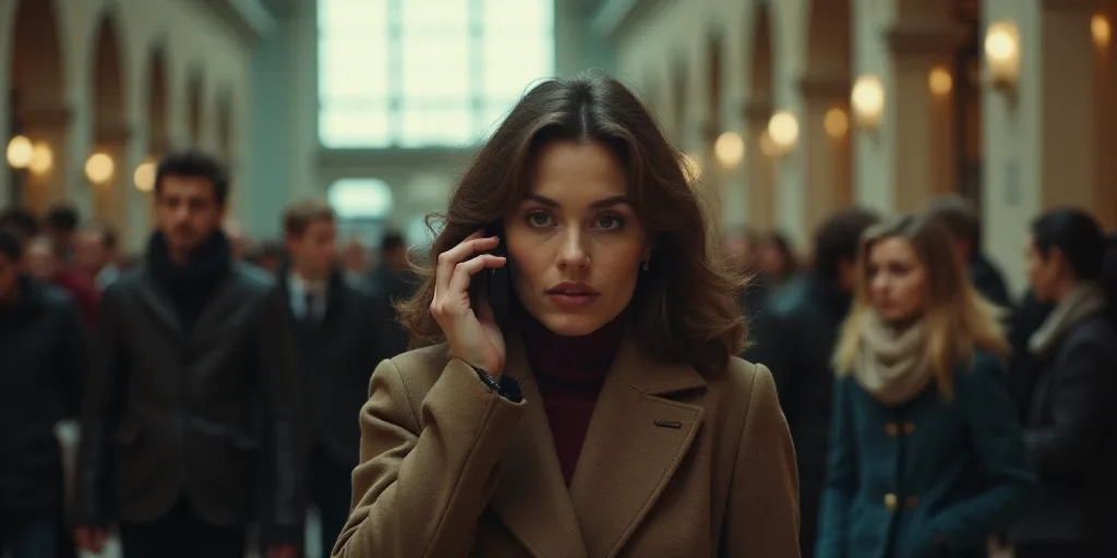 a woman talking on a cell phone in a crowd of people in a building with a woman in the foreground, C