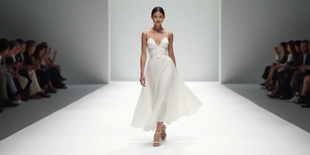 a woman walking down a runway in a white outfit with a long skirt and high heels on the runway, Didi