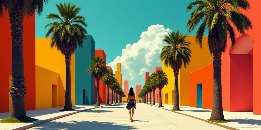 a woman walking down a street past tall buildings with palm trees in the foreground and a blue sky,