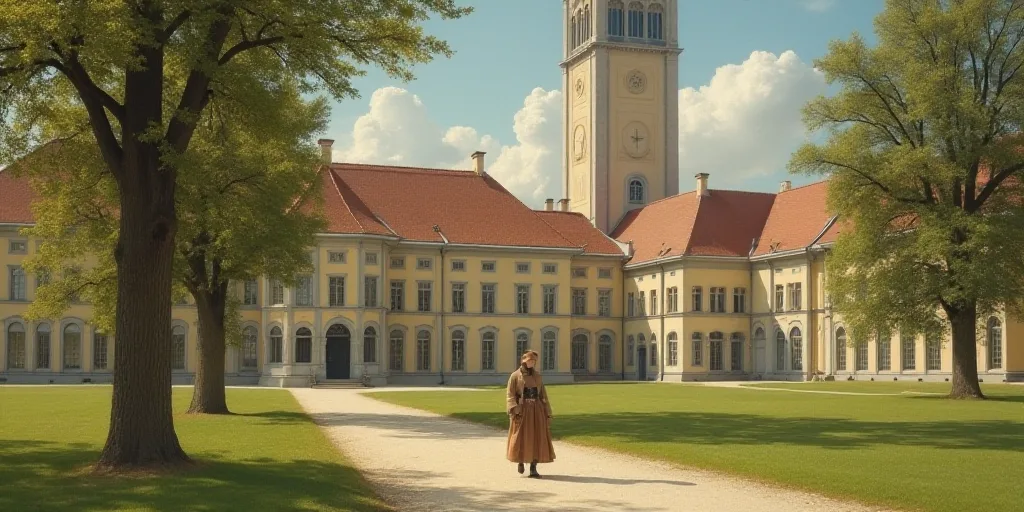 a woman walking in front of a building with a tall building in the background and a tree in the fore