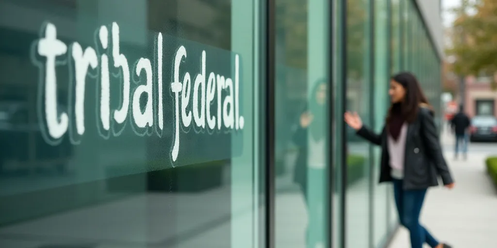 a woman walking past a glass wall with a sign on it that says, tribal federal de - justice fiocal ya