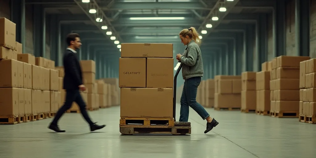 a woman walking past a pallet of boxes on a dolly in a warehouse with a man walking by, Clyfford Sti