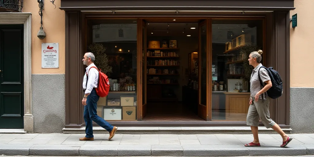 a woman walking past a store front with a man walking by her and a woman walking past her with a bac