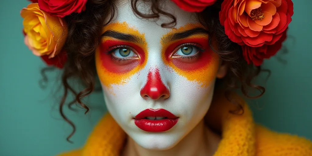 a woman with a colorful flower in her hair and face painted in white and red and yellow, with a flow