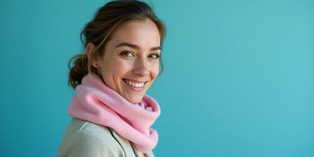 a woman with a scarf on her neck smiling at the camera with a blue background and a black and white