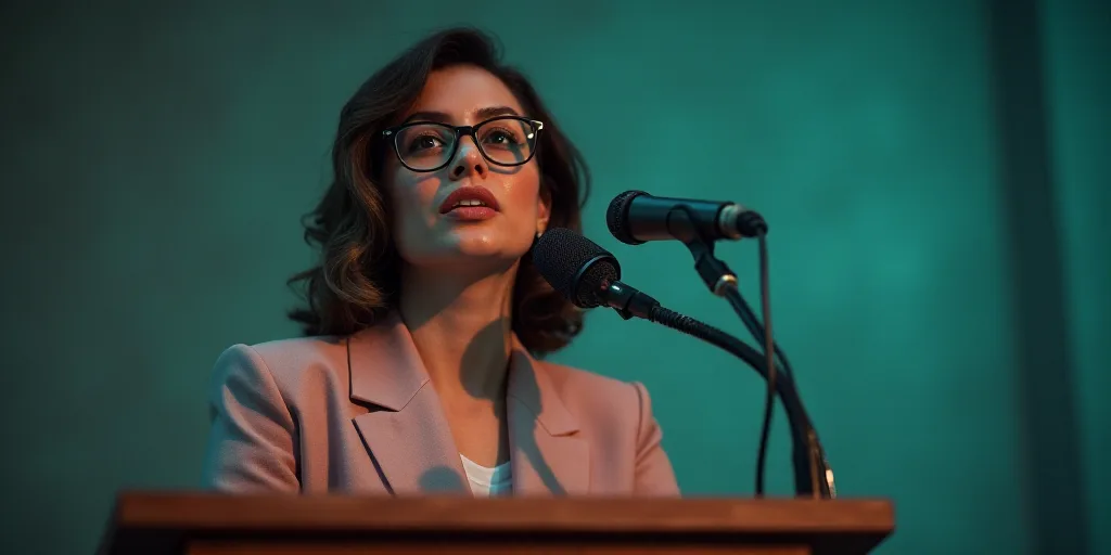 a woman with glasses giving a speech at a podium with a microphone in front of her and a microphone