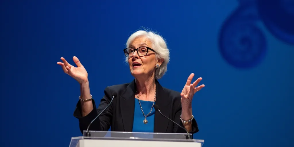 a woman with glasses giving a speech at a podium with her hands up in the air and a blue background,