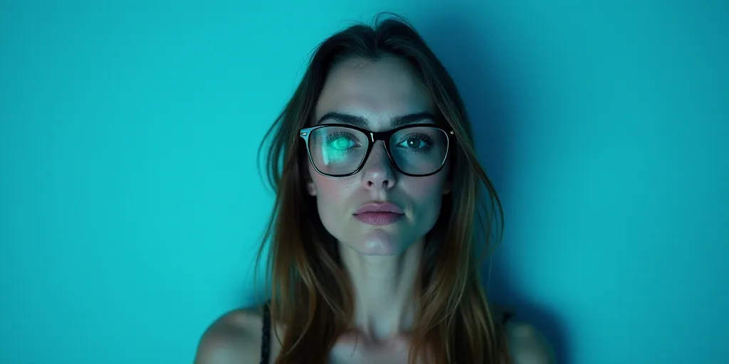 a woman with glasses standing in front of a blue background with a black and white photo of her face