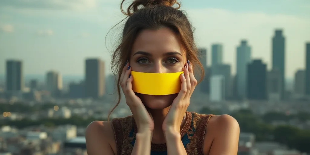 a woman with her hands over her face with a yellow strip across her mouth and a cityscape in the bac