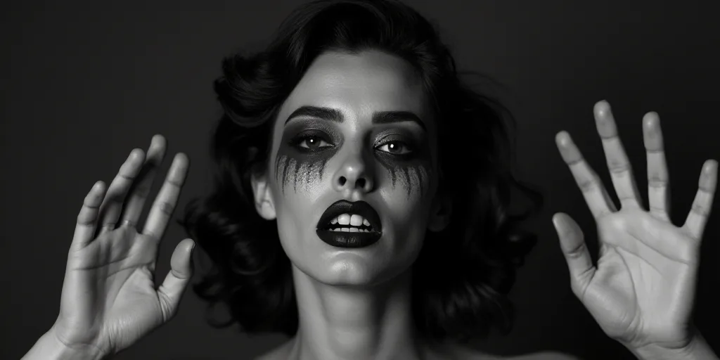 a woman with her hands up in the air with her face painted black and white with a shadow of her hand