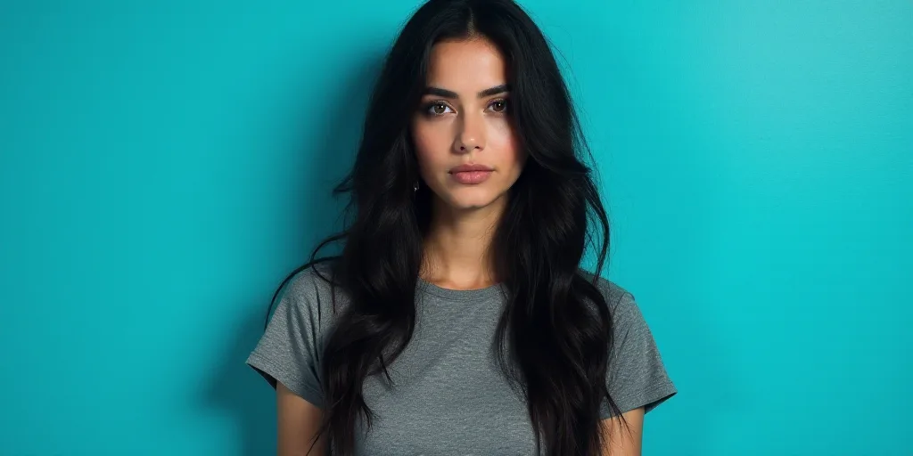 a woman with long hair and a gray shirt is standing in front of a blue background with a black and w