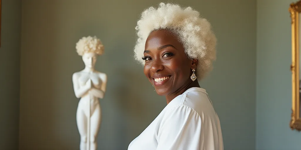 a woman with white hair and a white dress smiling at the camera with a oscar statue in the backgroun