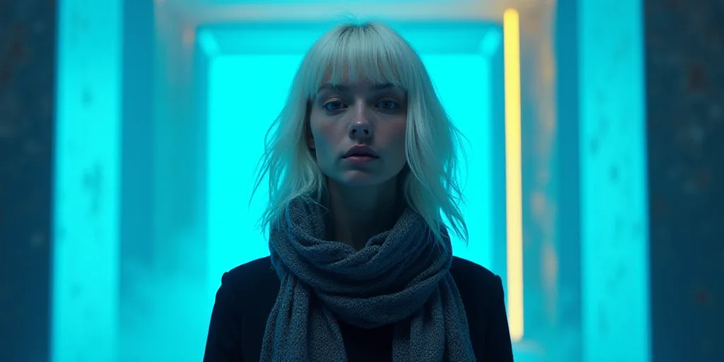 a woman with white hair and a scarf around her neck is standing in front of a blue background with a