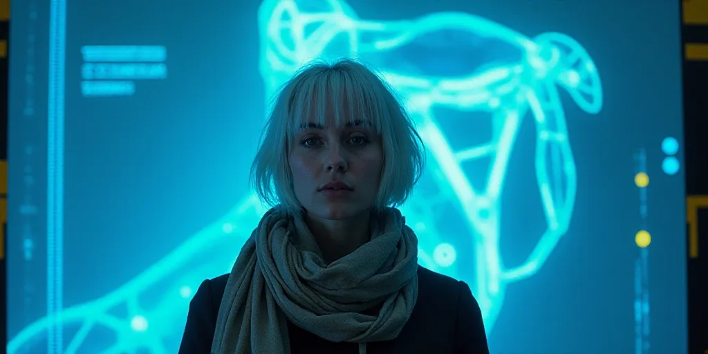 a woman with white hair and a scarf around her neck is standing in front of a blue background with a