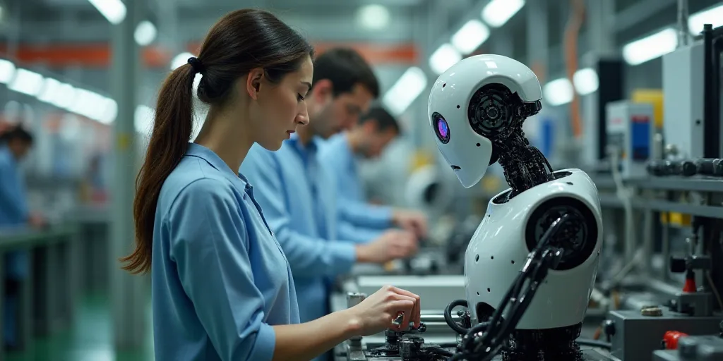 a woman working on a machine in a factory with other workers in the background and a robot in the fo