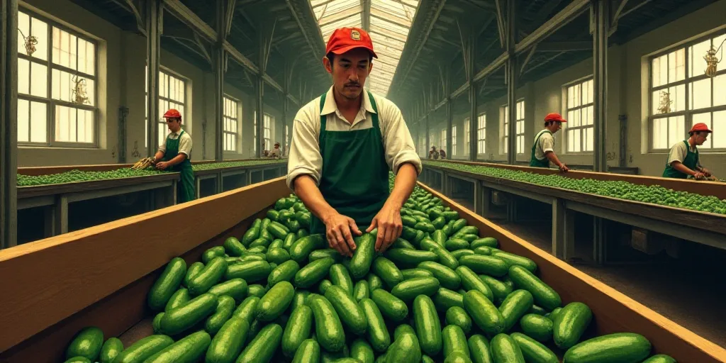 a worker in a factory picking cucumbers from a conveyor belt in a factory with other workers, Diego