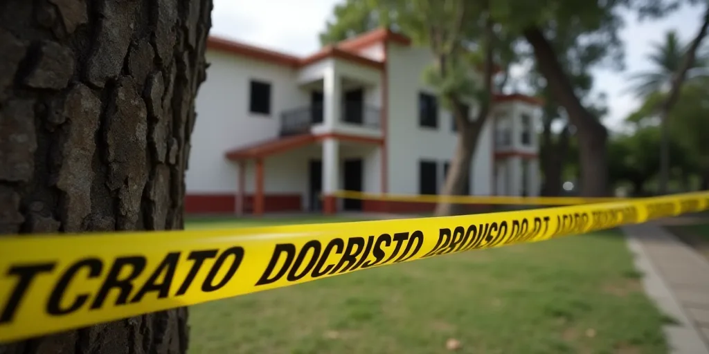 a yellow caution tape is in front of a tree and a building in the background with a building across