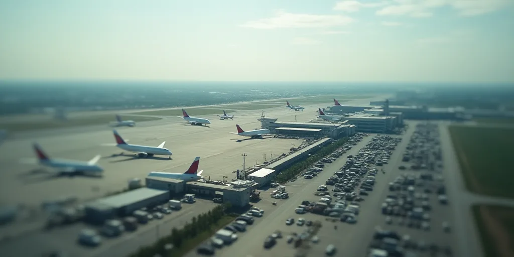 an aerial view of a large airport with many planes parked on the tarmac and in the background, a par