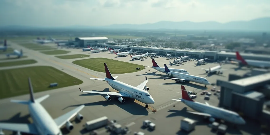 an aerial view of a large airport with many planes parked on the tarmac and in the background, a par
