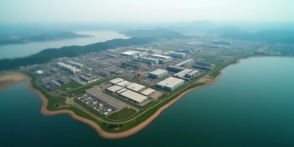 an aerial view of a large industrial area with a large body of water in the background and a large i