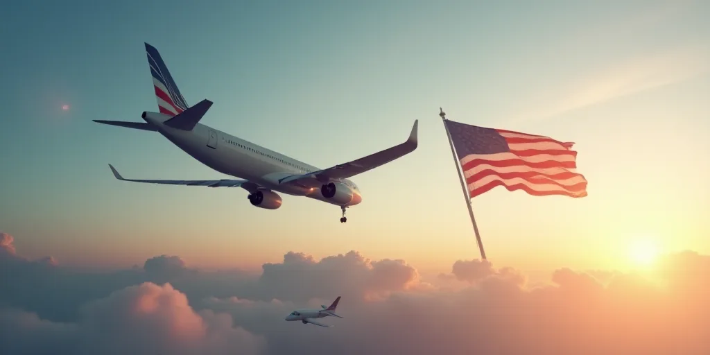 an airplane flying in the sky with a flag flying in the background and a plane in the air with a pla