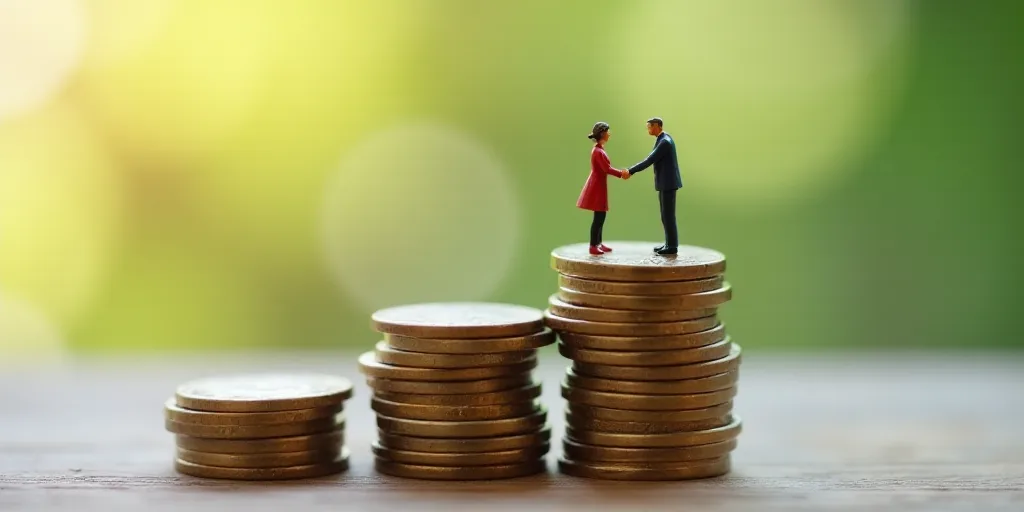 miniature people standing on top of a stack of coins with a miniature man and woman standing on top