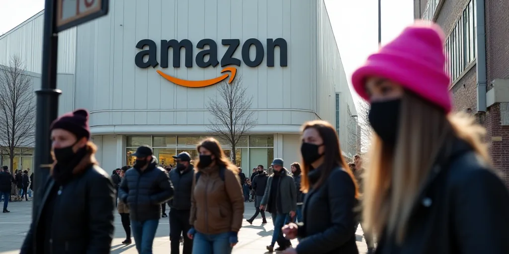 people wearing face masks walking in front of a building with a amazon sign on it's side and a woman