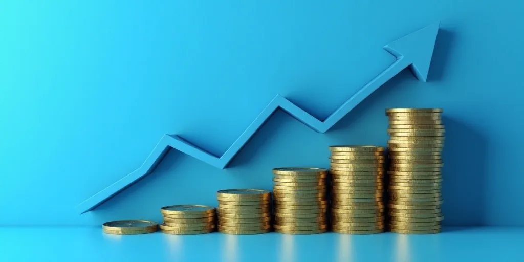 stacks of coins with a blue background and a chart on the wall behind them that shows growth of the