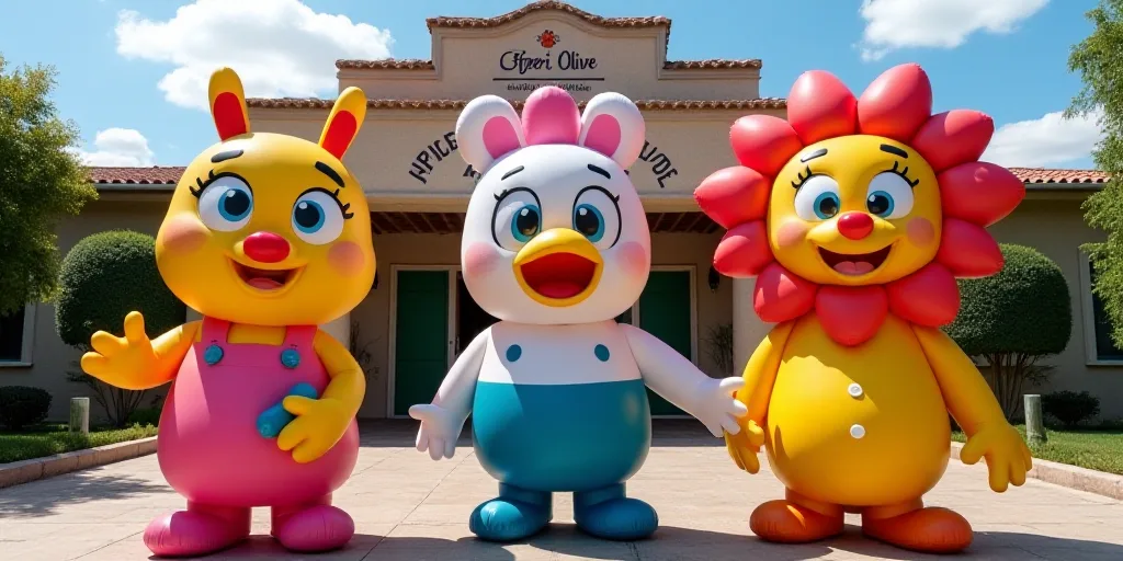 three inflatable characters are standing in front of a building with a sign that says feria de flore