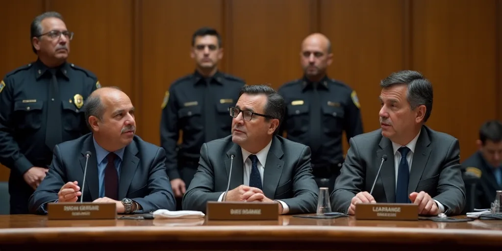 three men sitting at a table with microphones in front of them and two men in uniform behind them, C