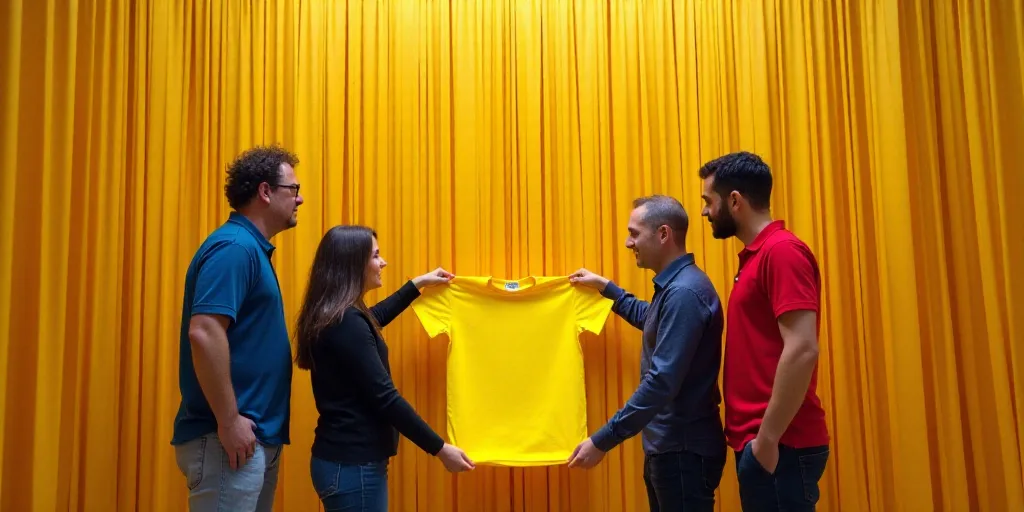 three people holding a yellow shirt in front of a wall of ribbons and ribbons hanging from it's side