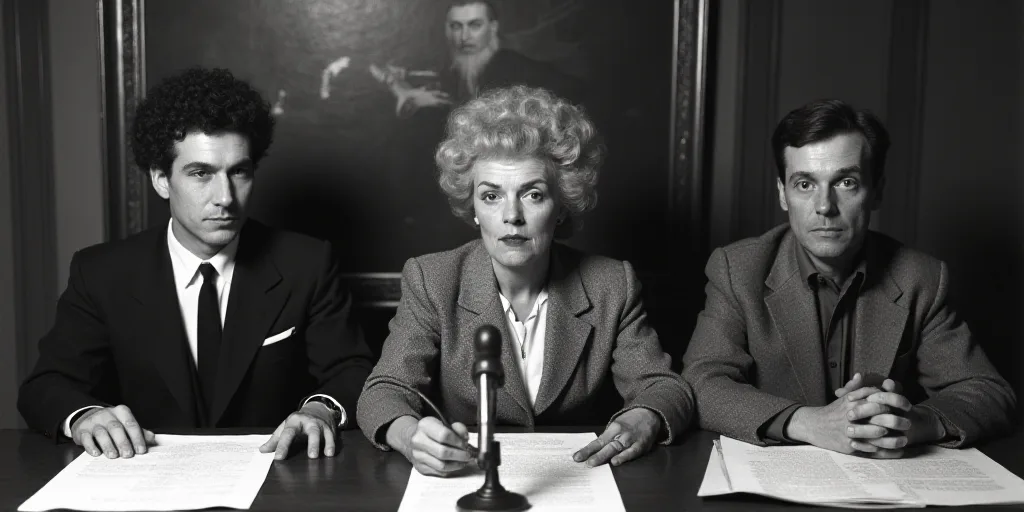 three people sitting at a table with papers and a microphone in front of them, with a painting behin