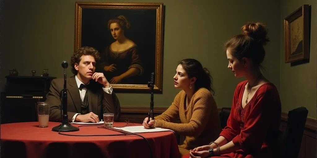three people sitting at a table with a microphone in front of them and a painting behind them in a r
