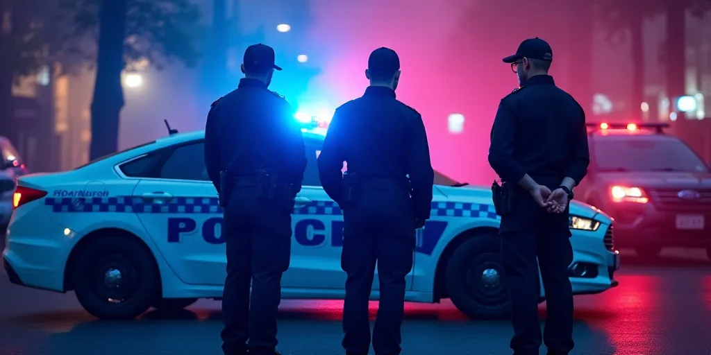 three police officers are standing in front of a police car and a police car behind them are parked