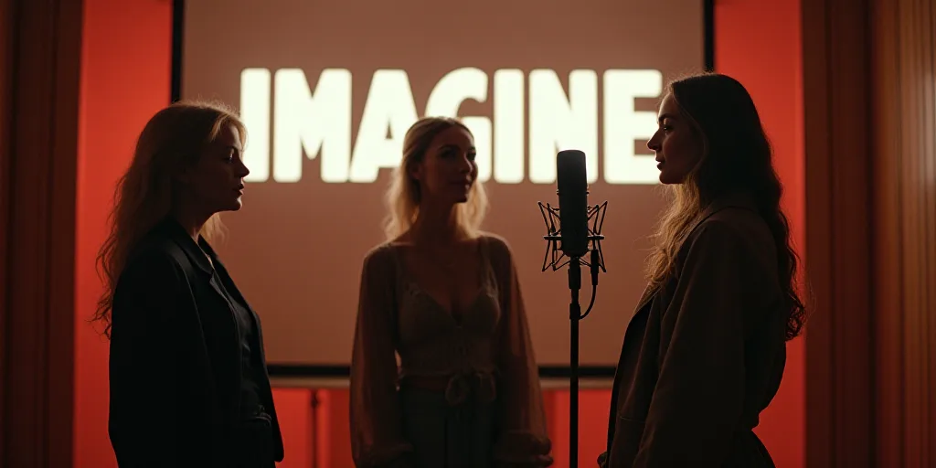 three women standing in front of a microphone in a recording studio with a large sign behind them th