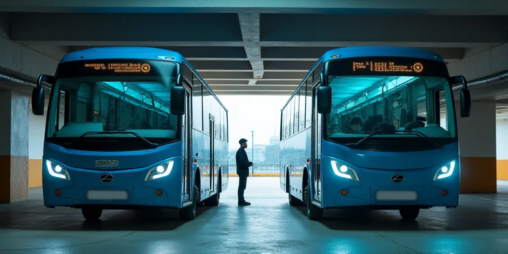 two blue buses parked in a parking garage under a bridge with a man standing next to them and a woma