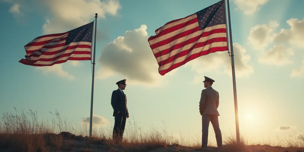 two flags are flying in the air next to a man in uniform and a flag is in the air, Americo Makk, tur
