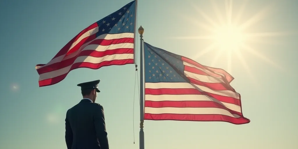 two flags are flying in the air next to a man in uniform and a flag is in the air, Americo Makk, tur