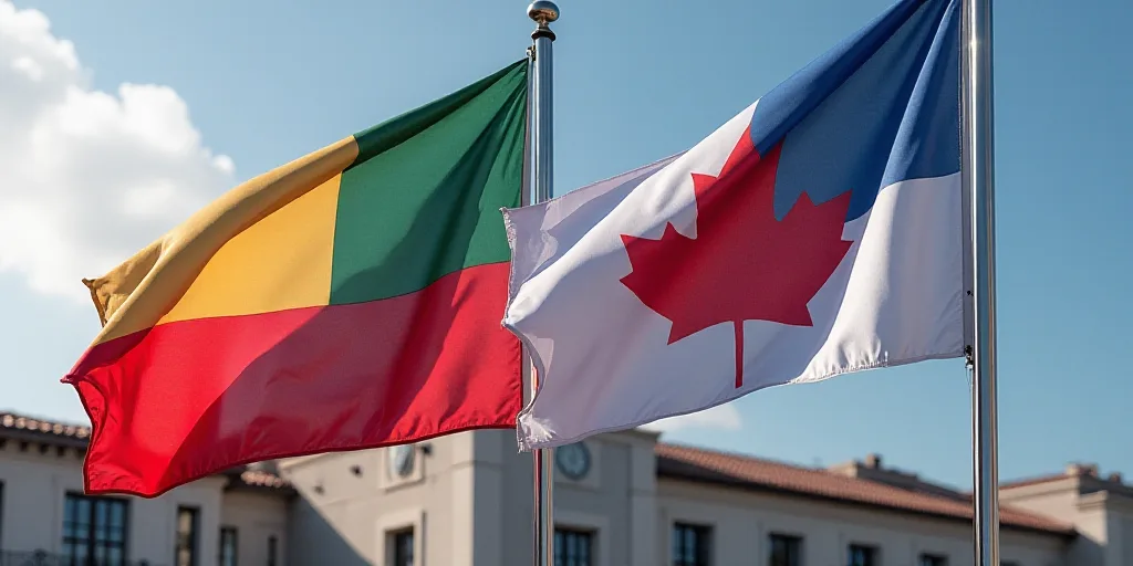 two flags are next to each other outside a building with a clock on it's side and a flag on the othe
