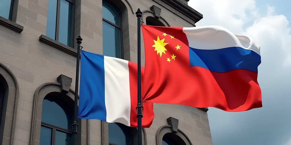 two flags are next to each other outside a building with a clock on it's side and a flag on the othe