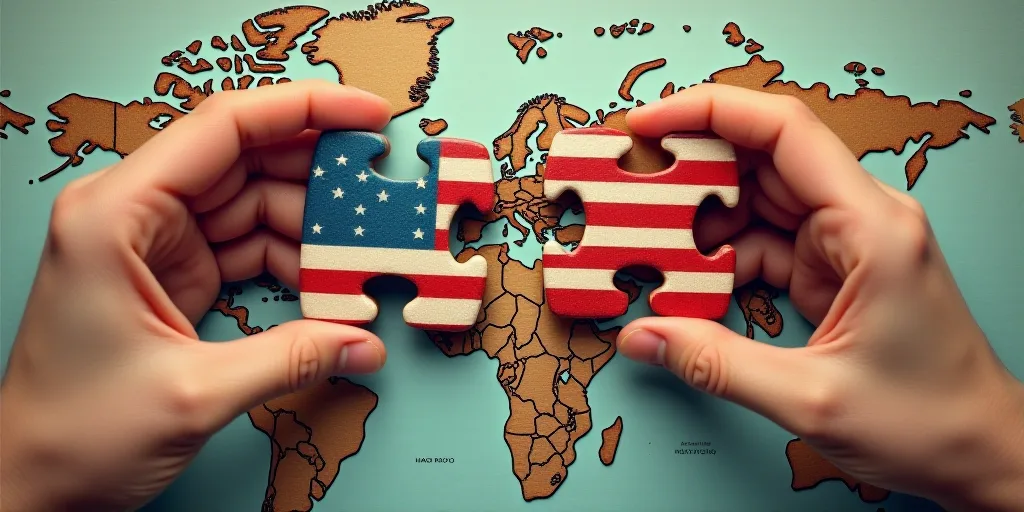 two hands holding puzzle pieces with the flags of the world and the united states on them, with a ma