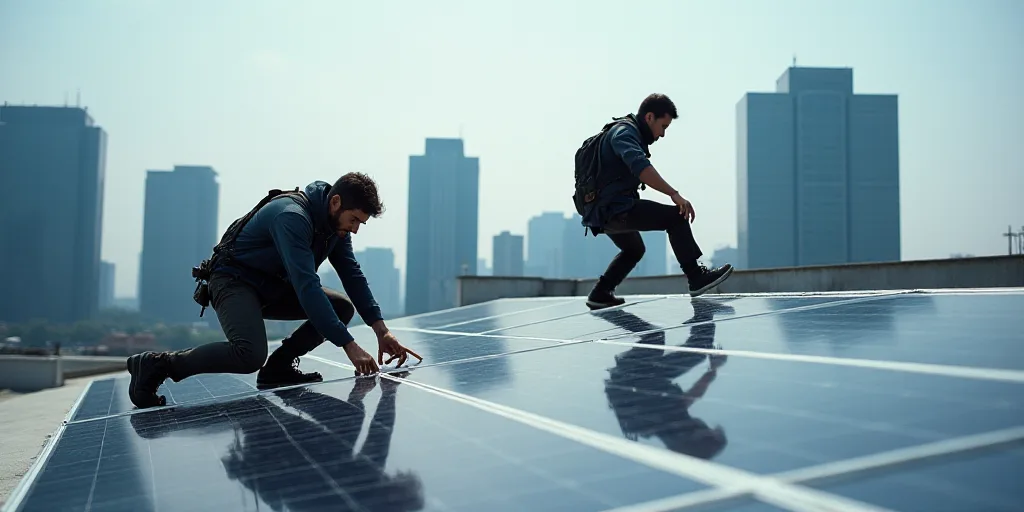 two men are working on a solar panel on a roof top in a city setting with tall buildings in the back