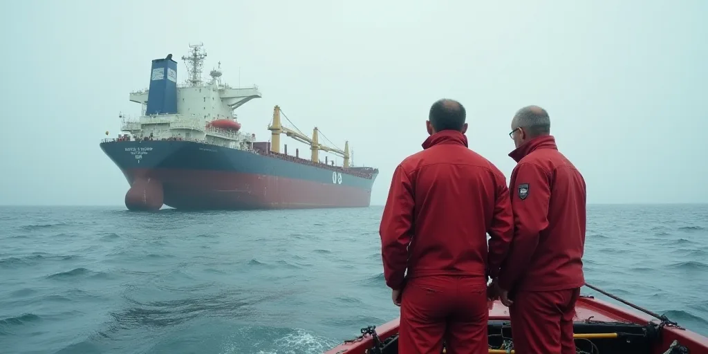 two men in red suits standing on a boat in the ocean near a large ship with a crane in the backgroun
