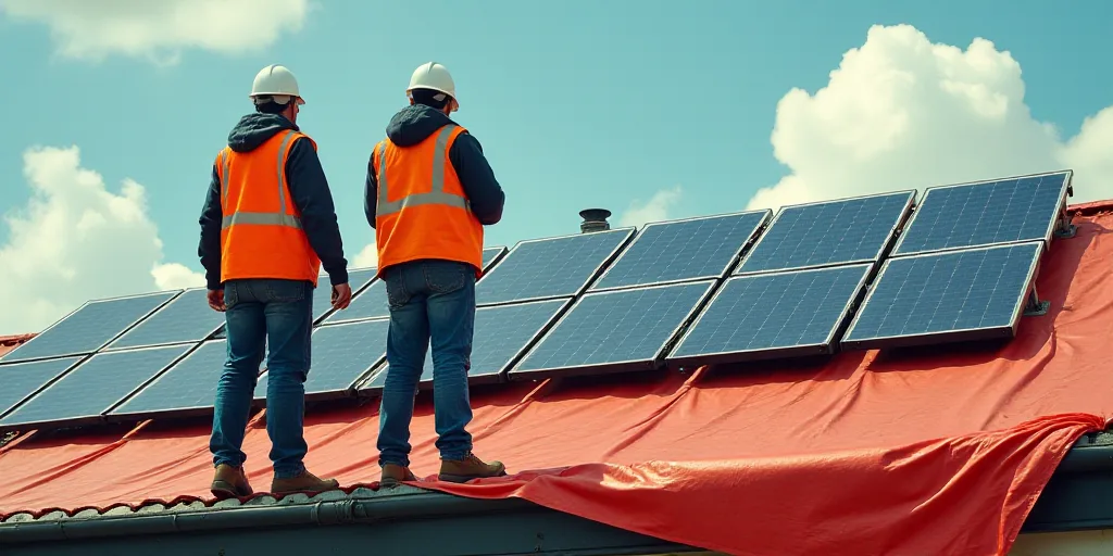 two men in safety vests are standing on a roof with solar panels on it and a red tarp, Ella Guru, so