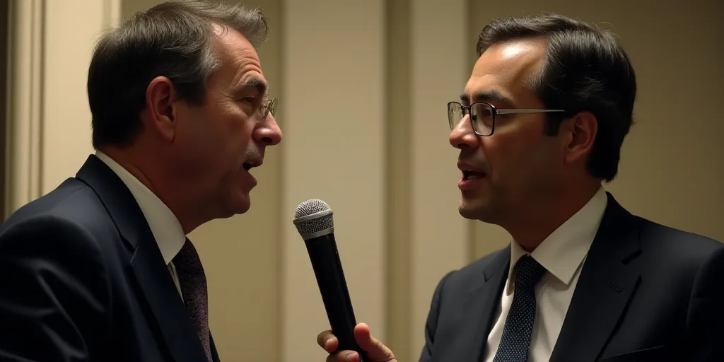 two men in suits and ties one is speaking and the other is speaking into a microphone and the other