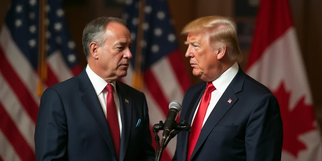 two men in suits and ties standing next to each other in front of a flag and a microphone with a mic