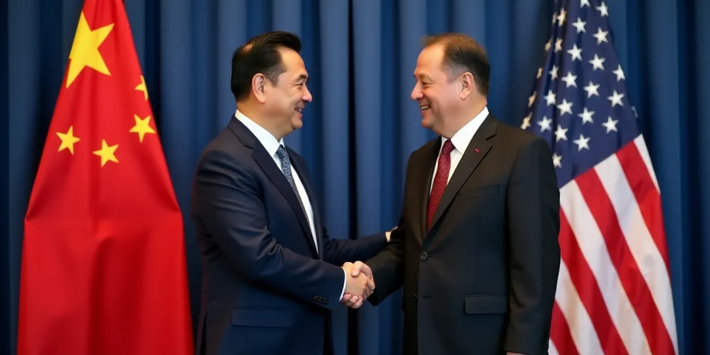 two men in suits shaking hands in front of flags of china and usa in a room with blue curtains, Dong