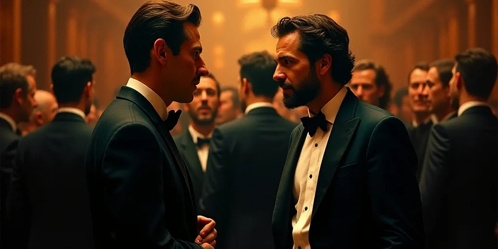 two men in tuxedos are talking to each other in a crowd of people in dark lighting,, Andrew Law, ren