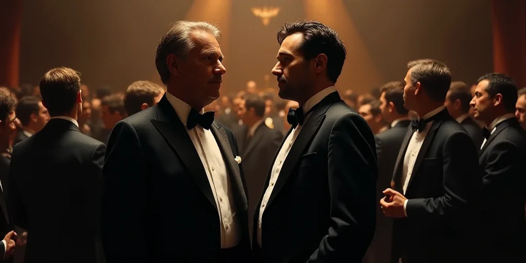 two men in tuxedos are talking to each other in a crowd of people in dark lighting,, Andrew Law, ren
