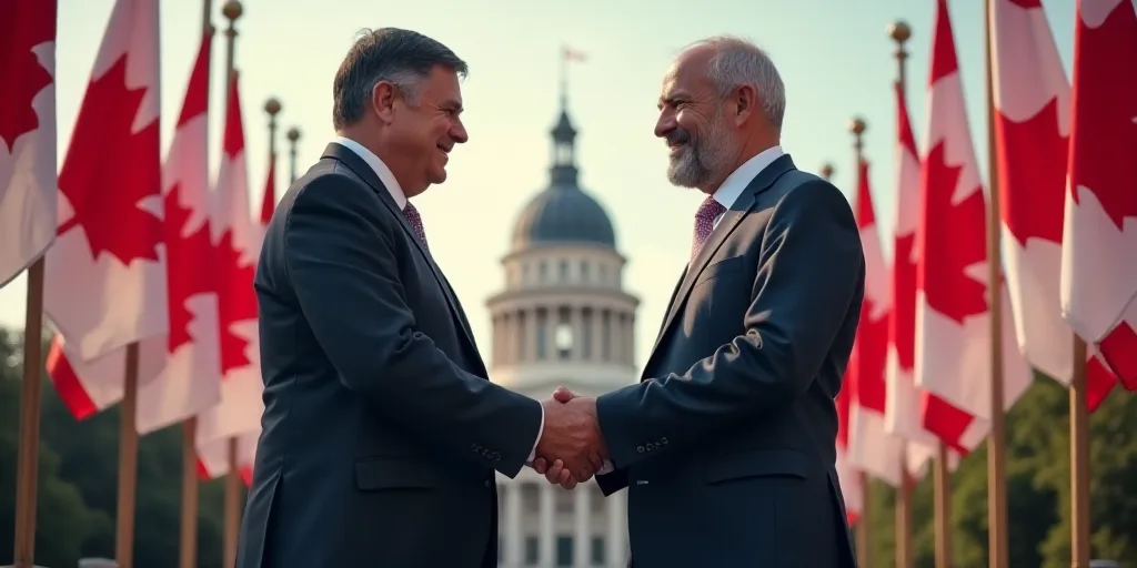 two men shaking hands in front of a backdrop of flags and a building with a flag of canada on it, Aq